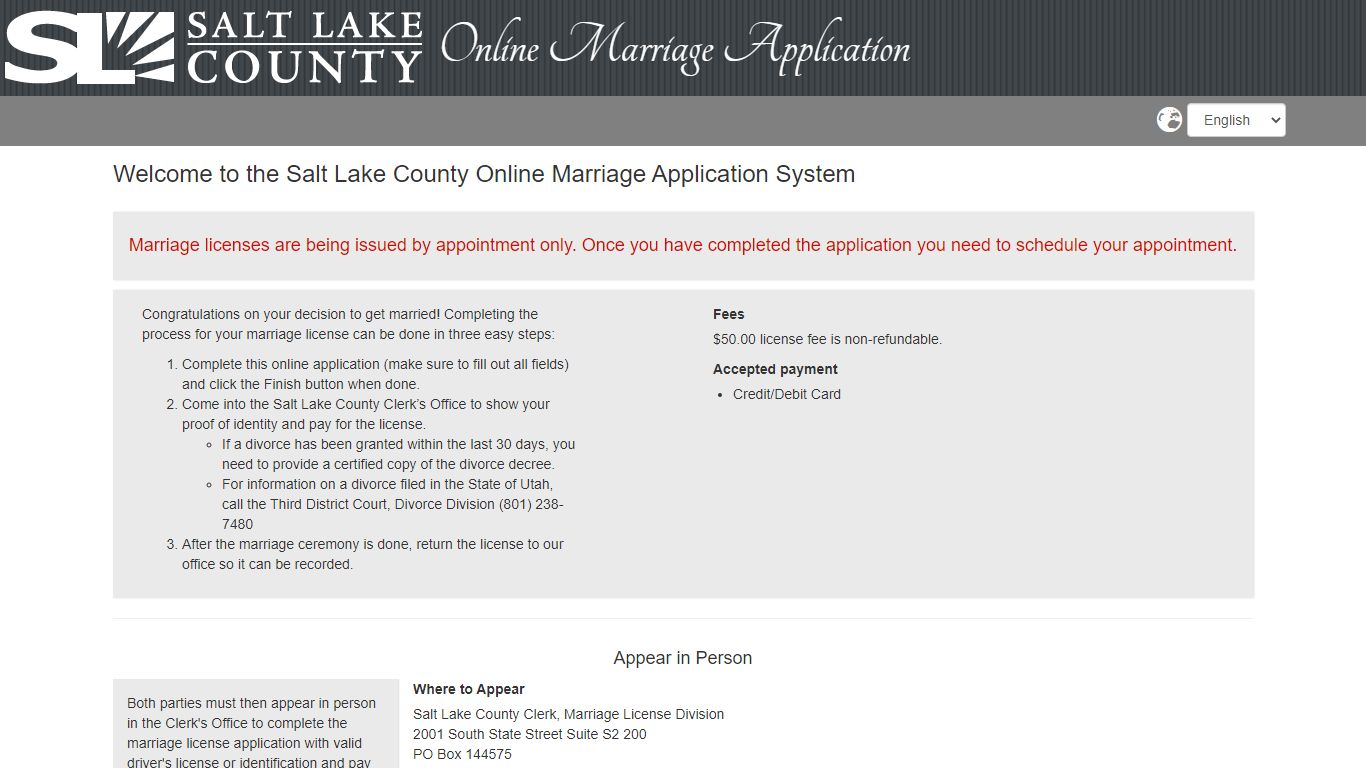 Online Marriage Application - Salt Lake County, Utah